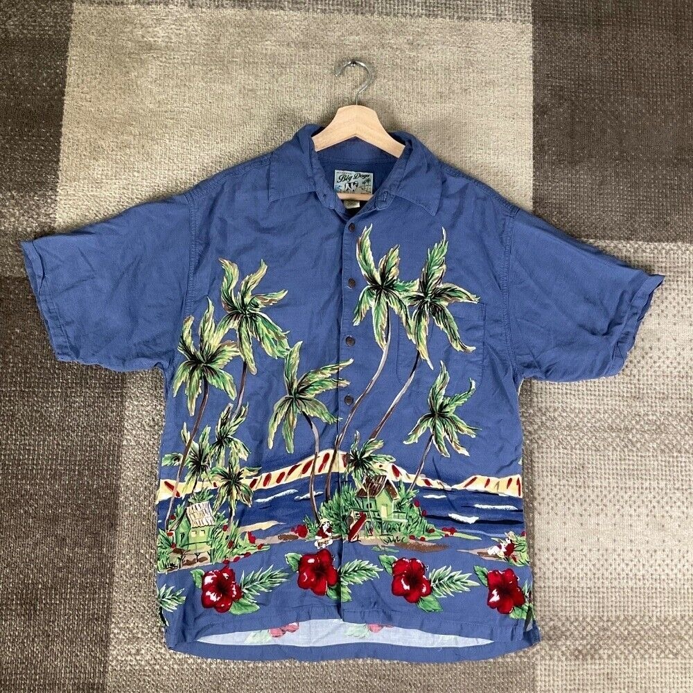 Vintage Big Dogs Hawaiian Shirt Palm Tree Print Rayon Button Up Blue Men's Small